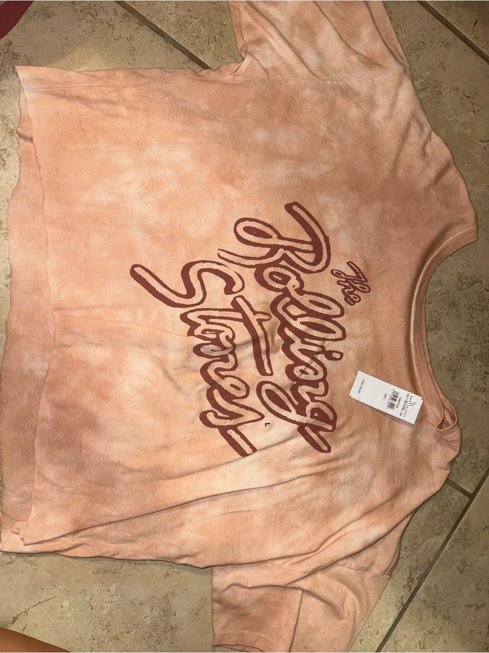 the Rolling Stones Peach Tie-Dye Script Logo Short Sleeve Tee